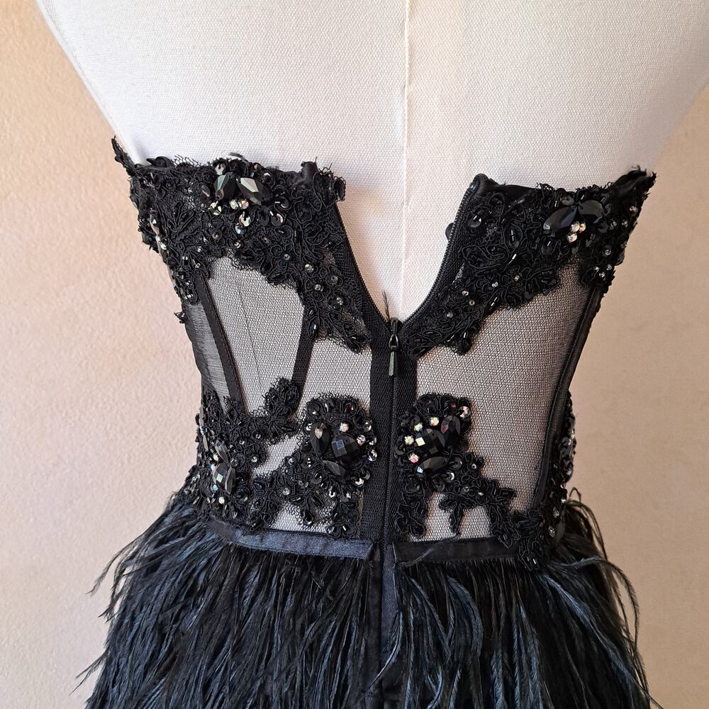 Cinderella Black Feather Corset Mini Dress Strapless Beaded Prom Size 4 Cocktail - Picture 9 of 16